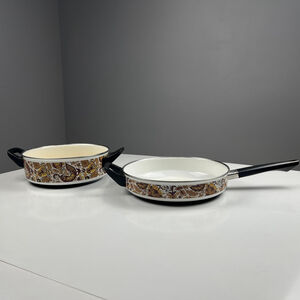 Vintage Fancipans Frying Pan Skillet & pot Brown Paisley Autumn Leaf Enamel japy